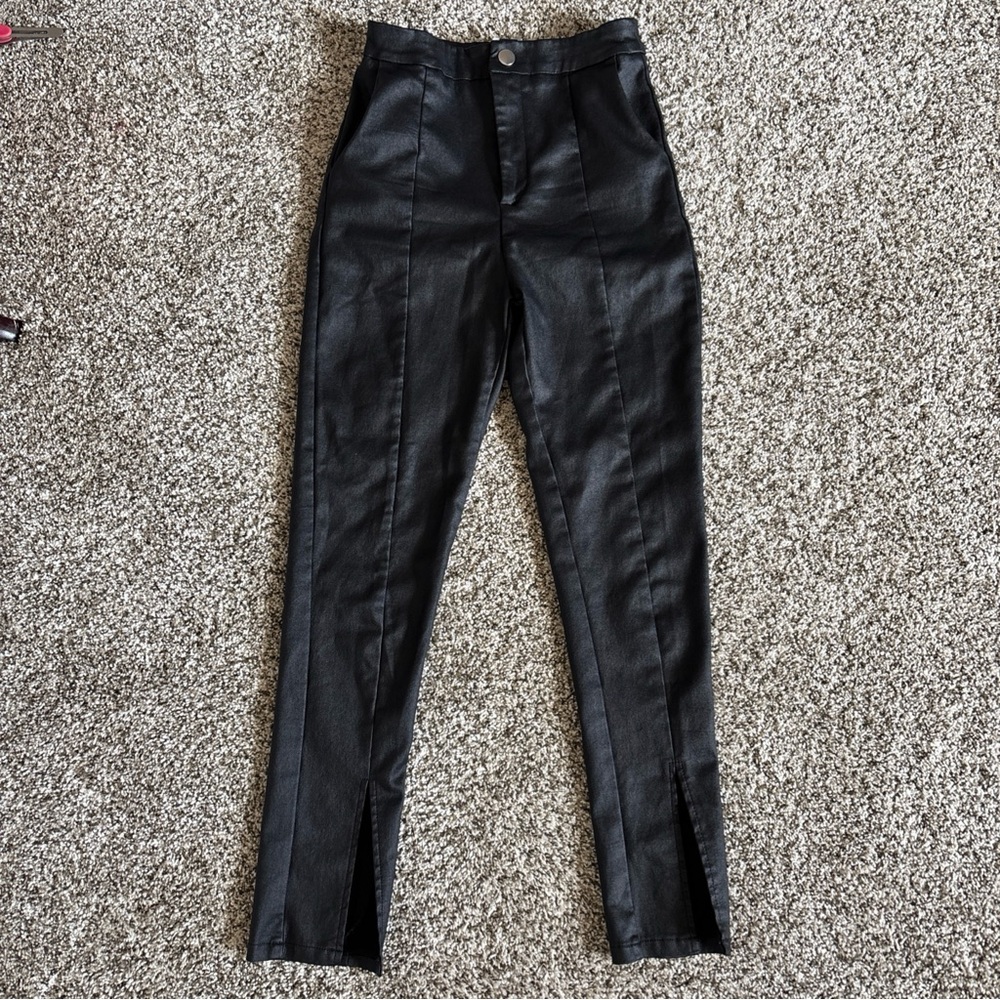 Black Coated Skinny Pants 4High Waist Split Ankle Leggings Grunge Party Indie